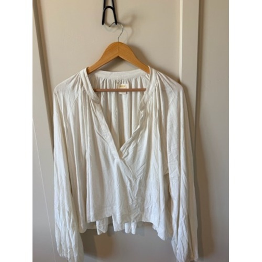 Maeve Anthropologie White V-Neck Long Sleeve Blouse XL Boho Gathered Top